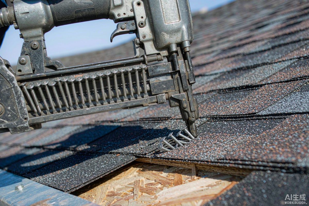 Coil roofing nails being driven into asphalt shingles with a pneumatic nailer