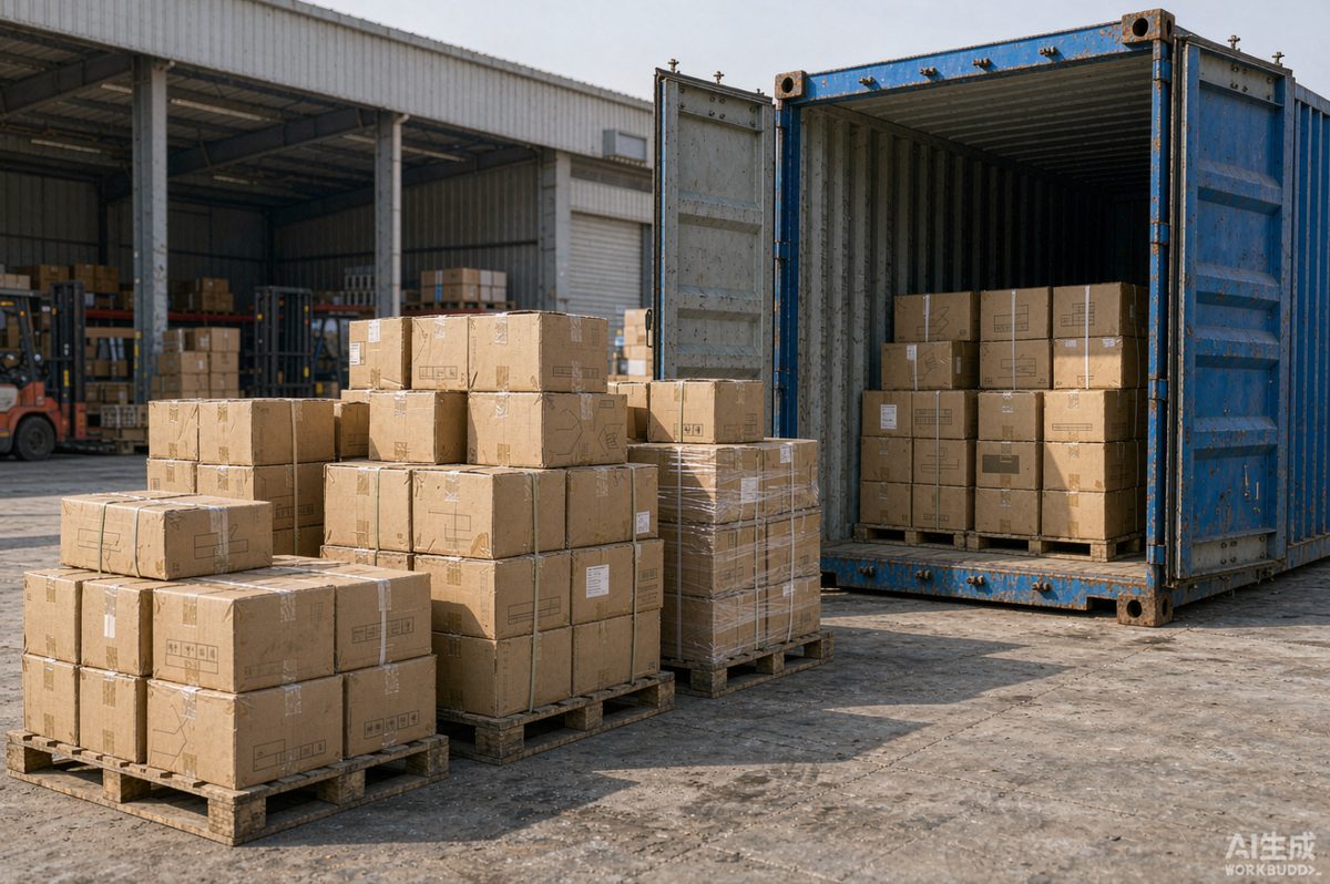 Cartons of coil roofing nails beside shipping containers at the WANSUN export warehouse