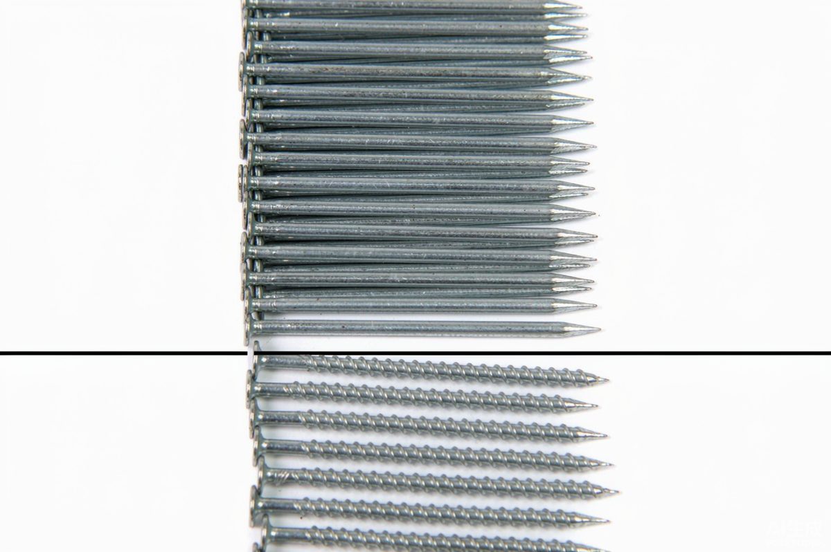 Flat lay of smooth shank and ring shank coil roofing nails by type