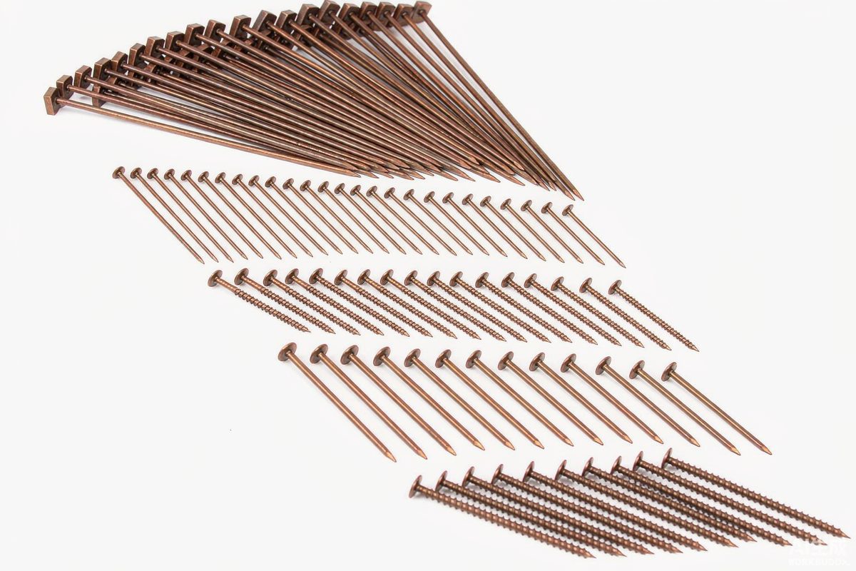 Flat lay of common, box, sinker, duplex and ring shank wire nails
