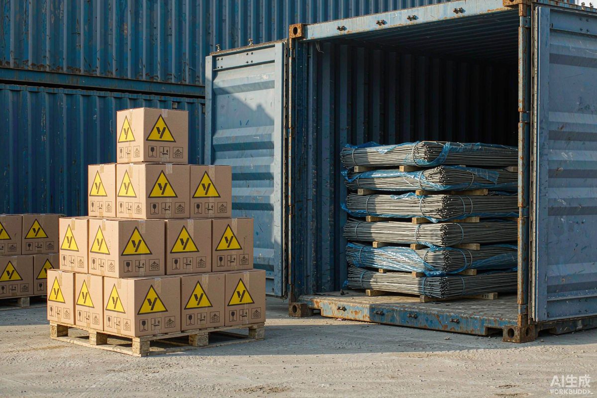 Cartons of concrete steel nails beside shipping containers at the WANSUN export warehouse