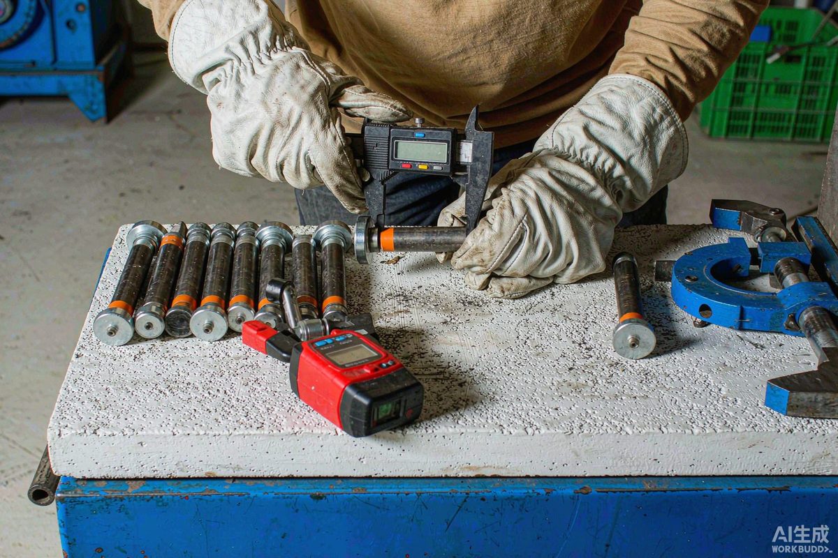 Inspector checking concrete nail hardness and dimensions