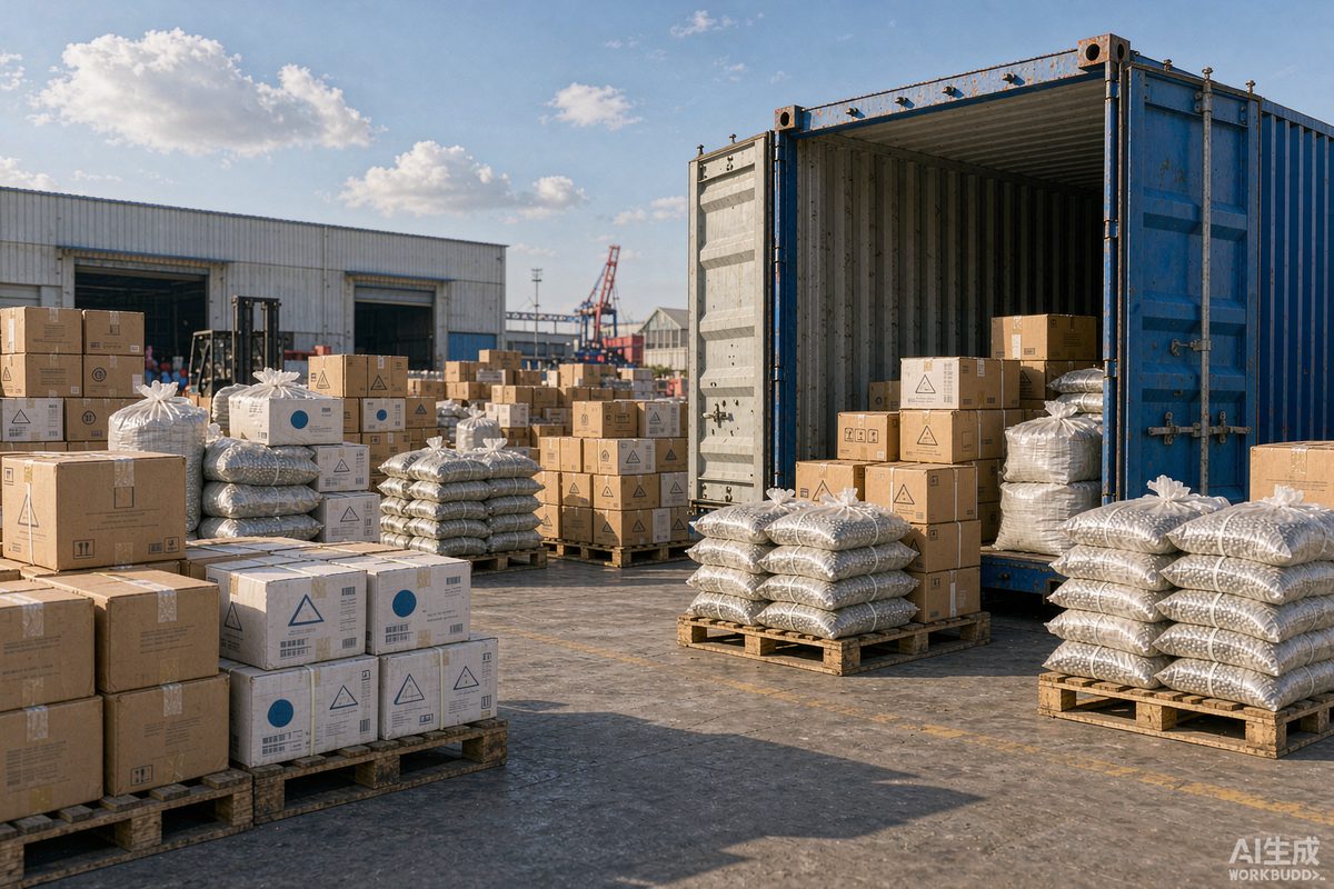 Cartons of construction nails staged beside shipping containers for export