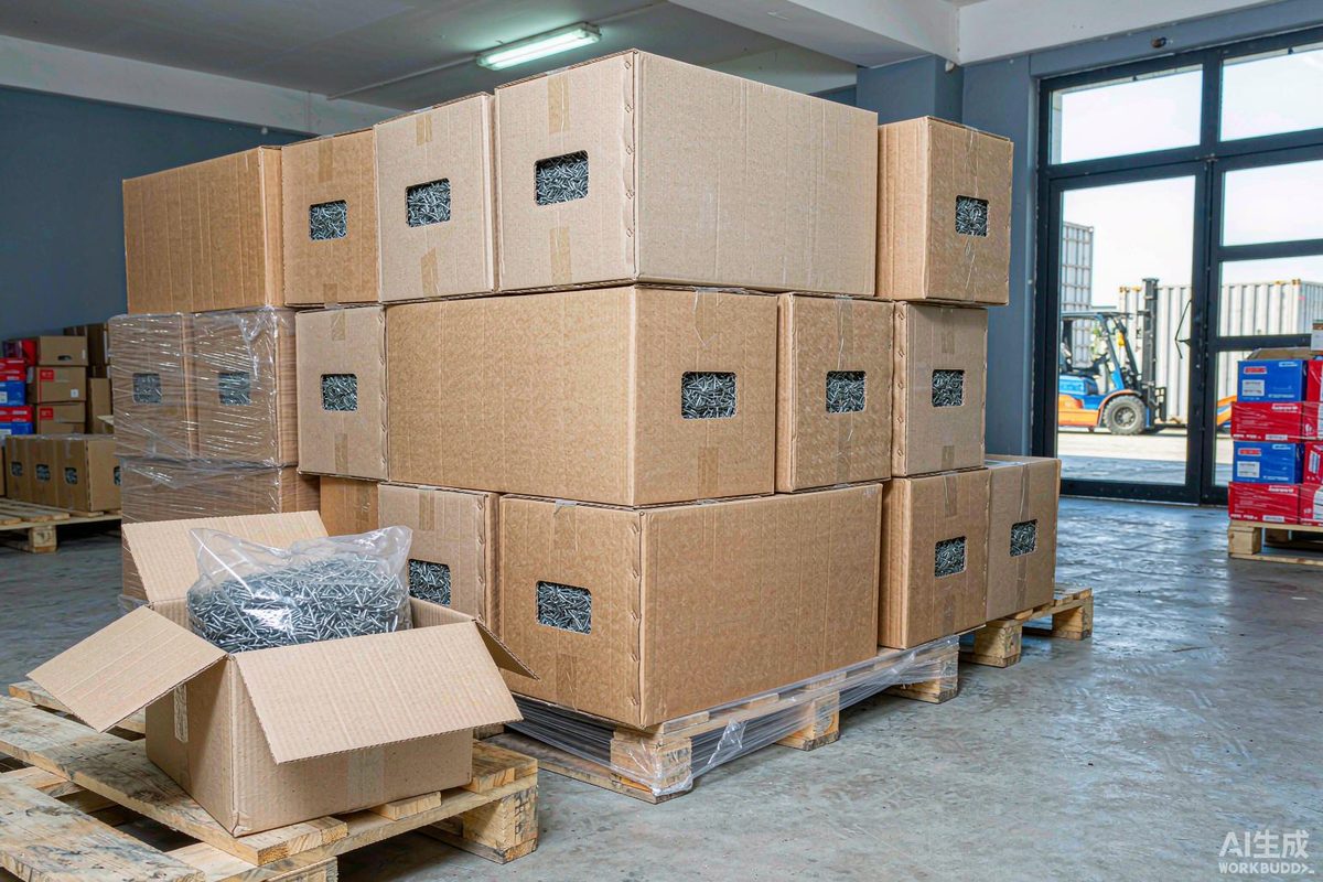 Palletized cartons of construction nails packed for container export