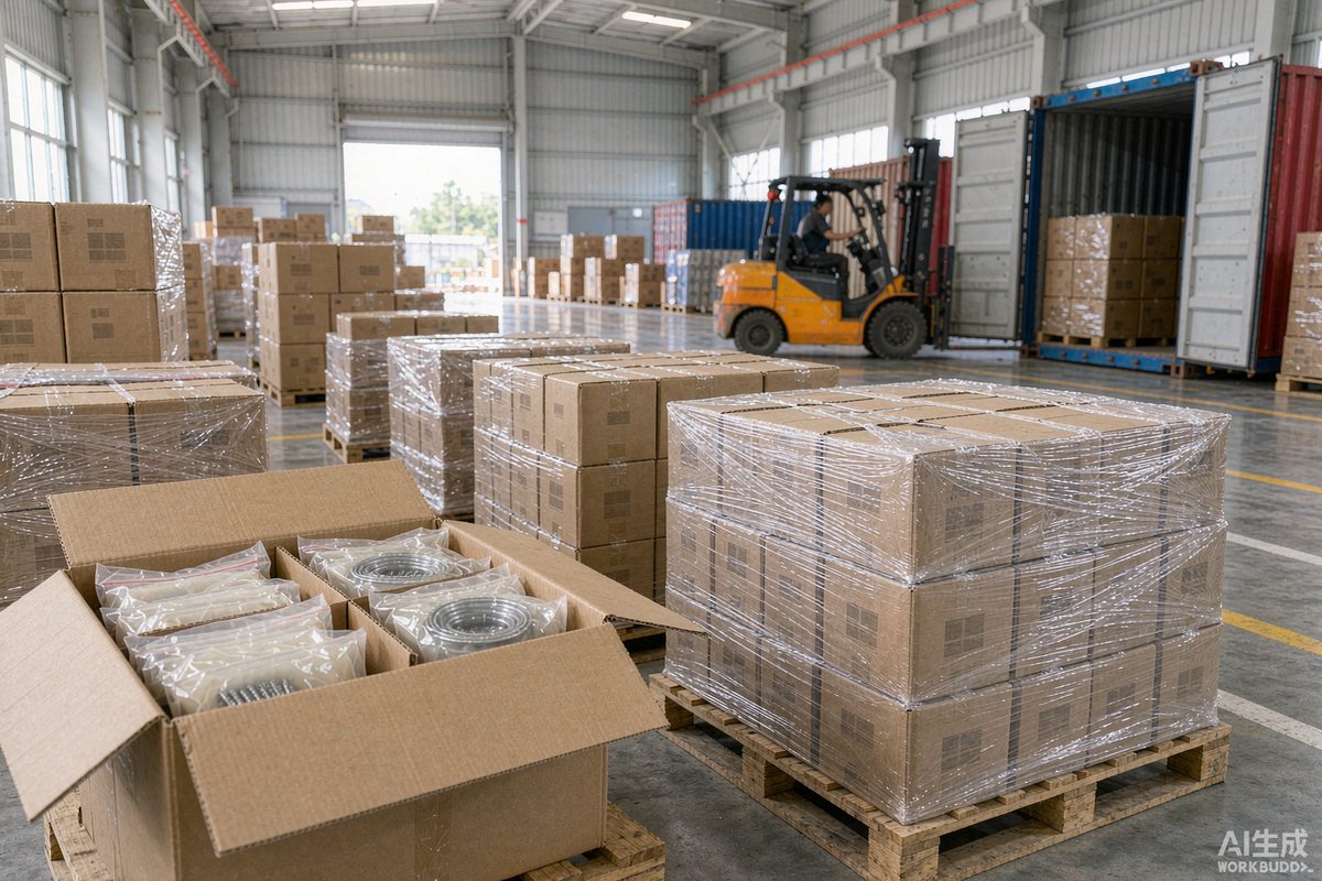 Cartons of construction nails beside shipping containers at the WANSUN export warehouse