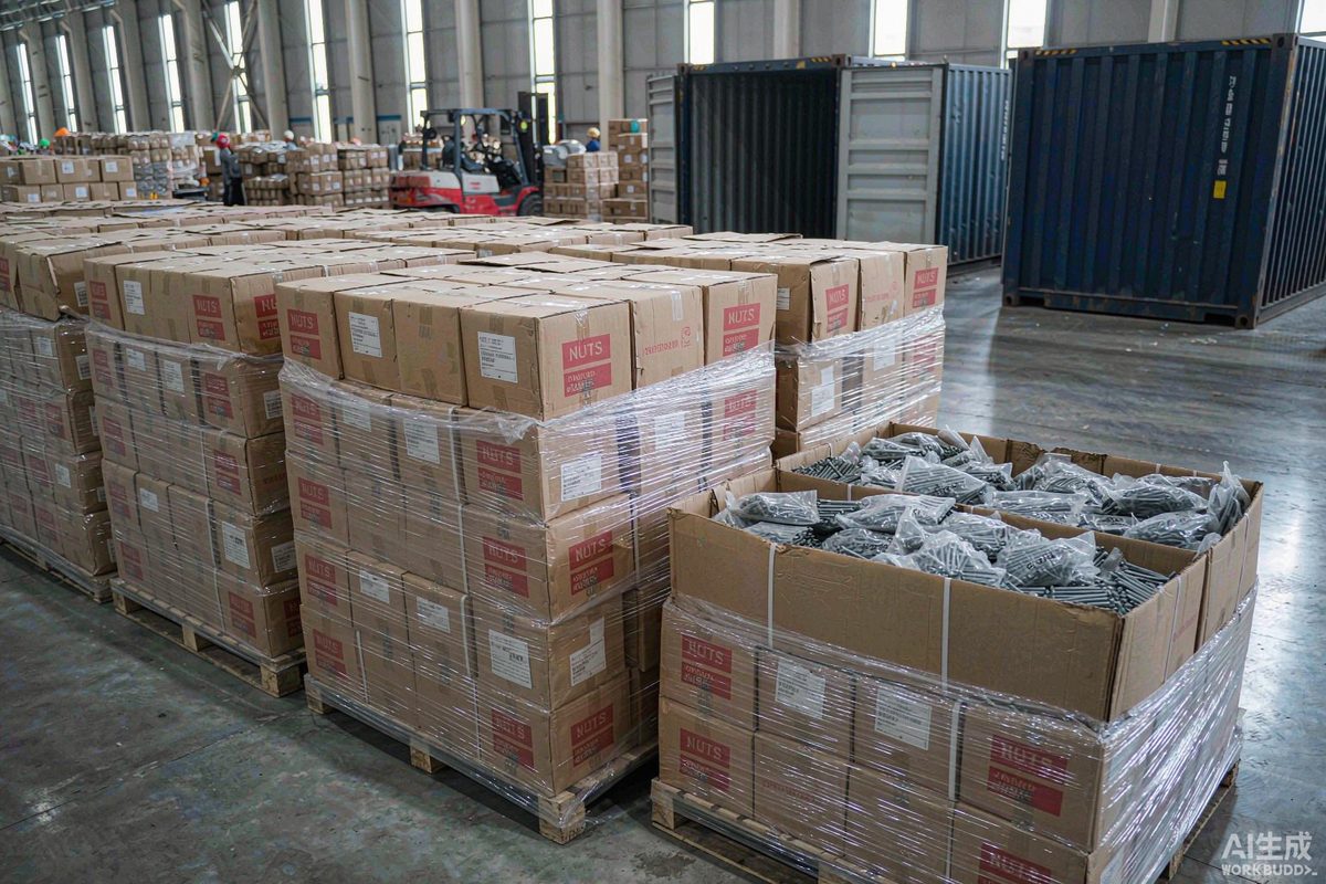 Palletized cartons of galvanized nails ready for container export