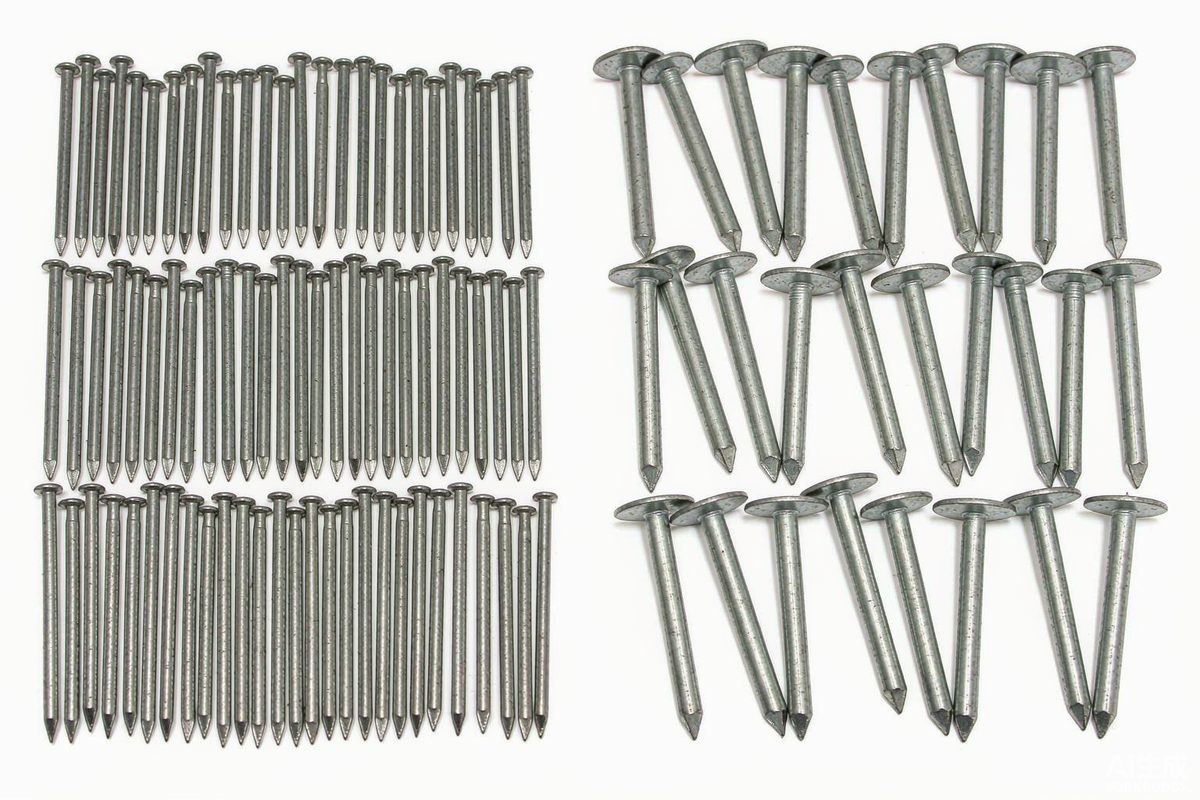 Flat lay of electro and hot-dip galvanized nails by type