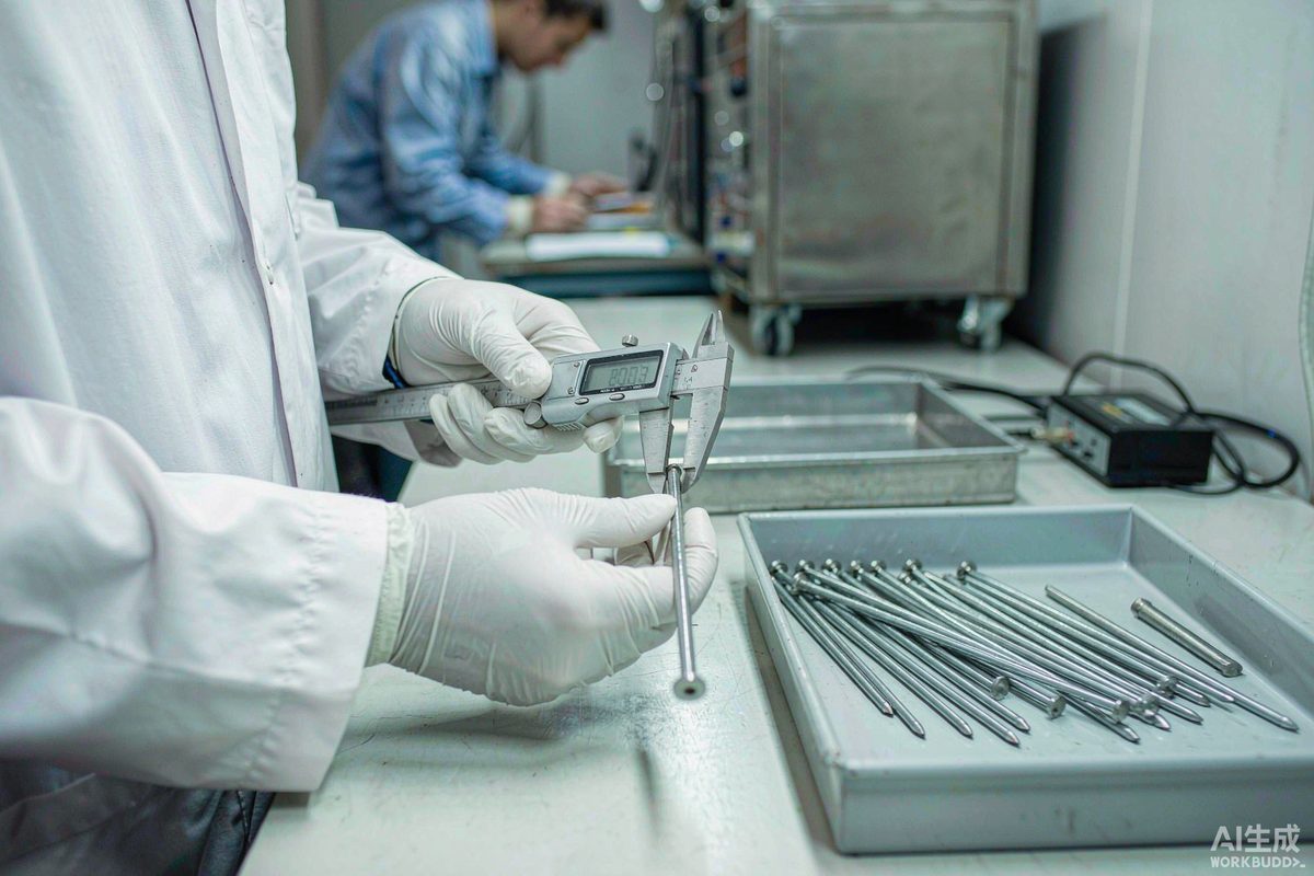 Quality inspector measuring nails with calipers during pre-shipment inspection