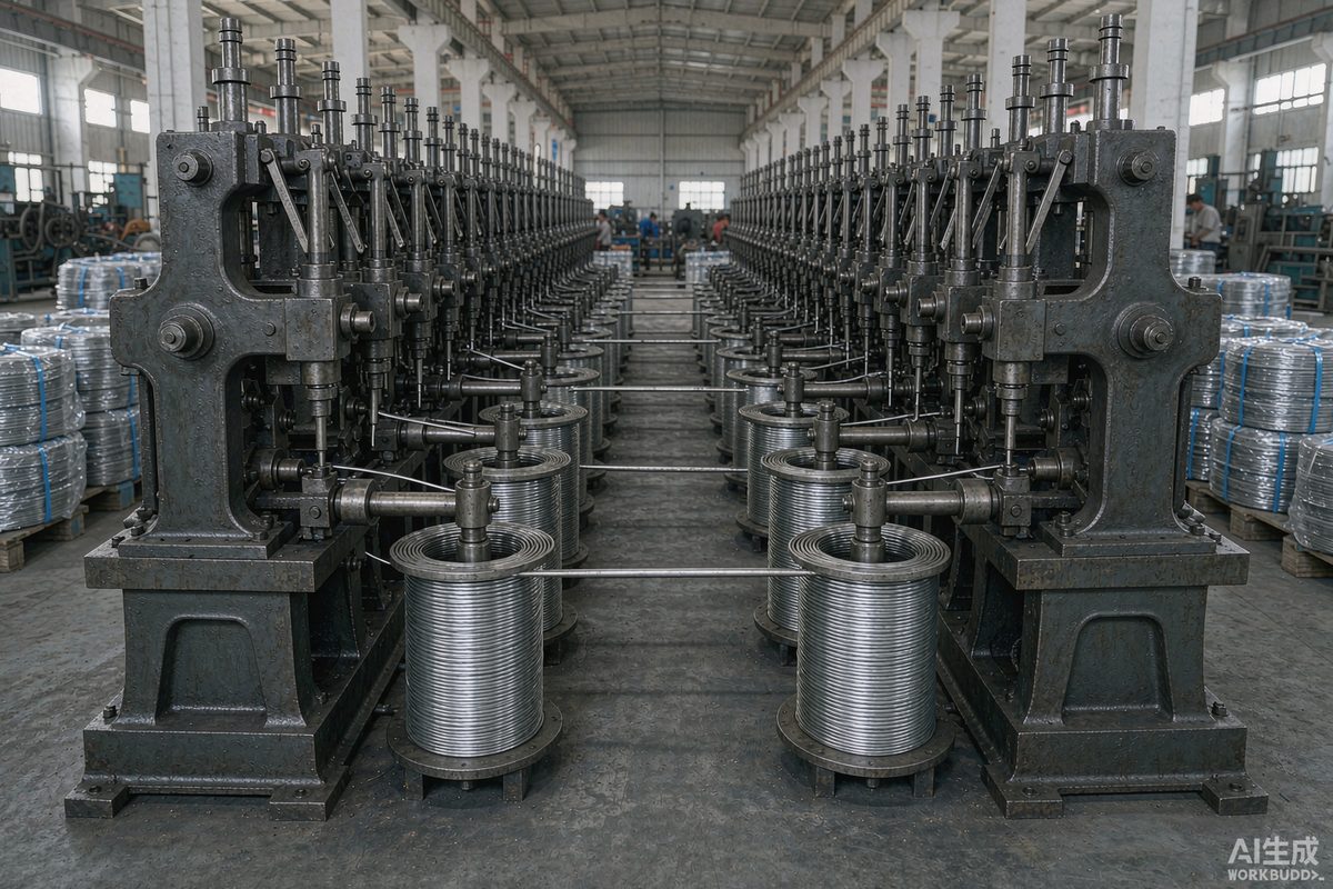 Automated nail-making machines forming steel wire into nails on a factory floor