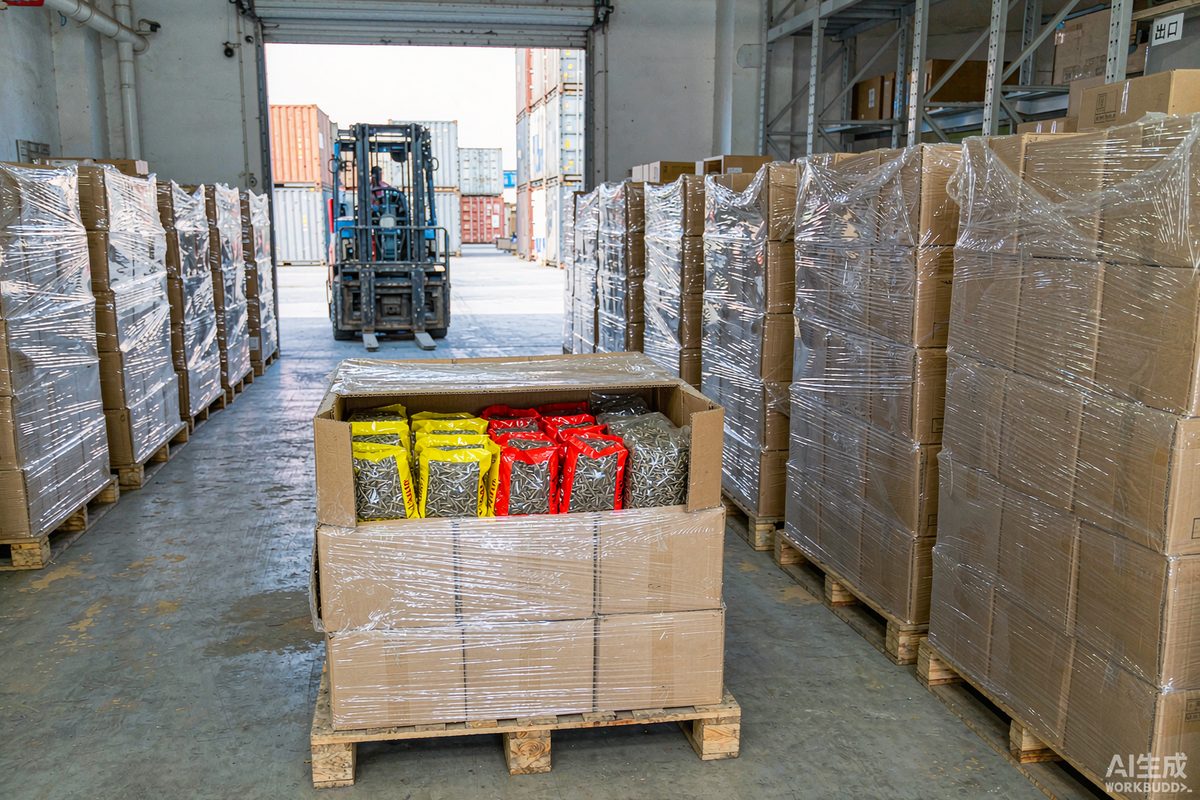 Palletized cartons of nails staged beside a shipping container for export
