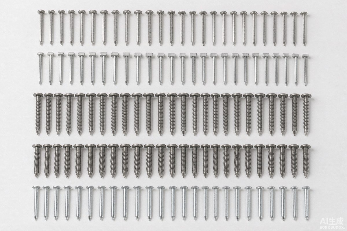Flat lay of common, box, roofing, concrete and galvanized nails produced by one factory