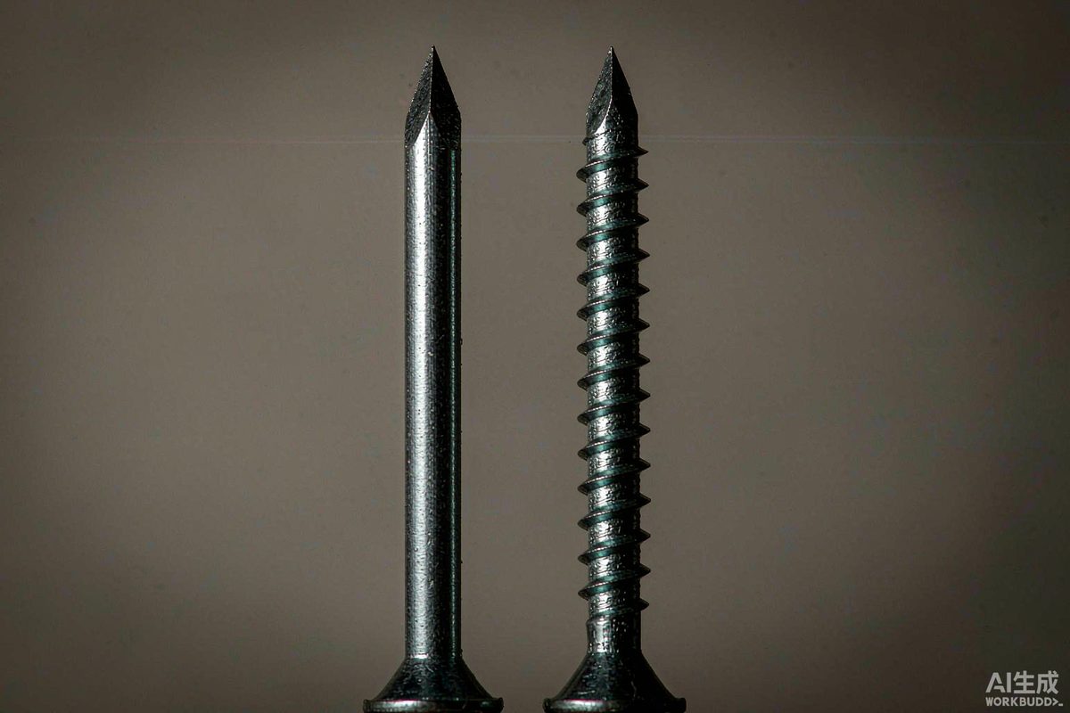 Close-up comparison of a smooth shank nail and a ring shank nail showing surface profiles