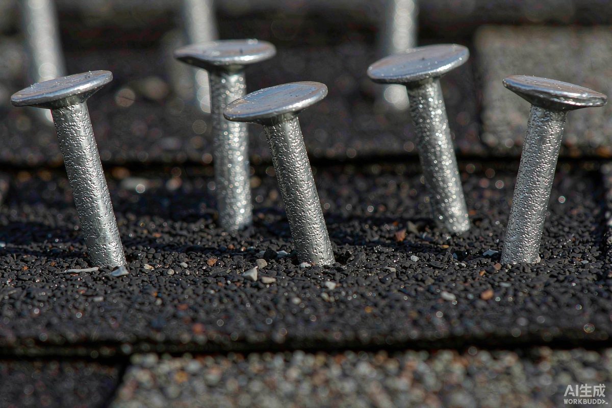 Galvanized steel roofing nails installed on asphalt shingles