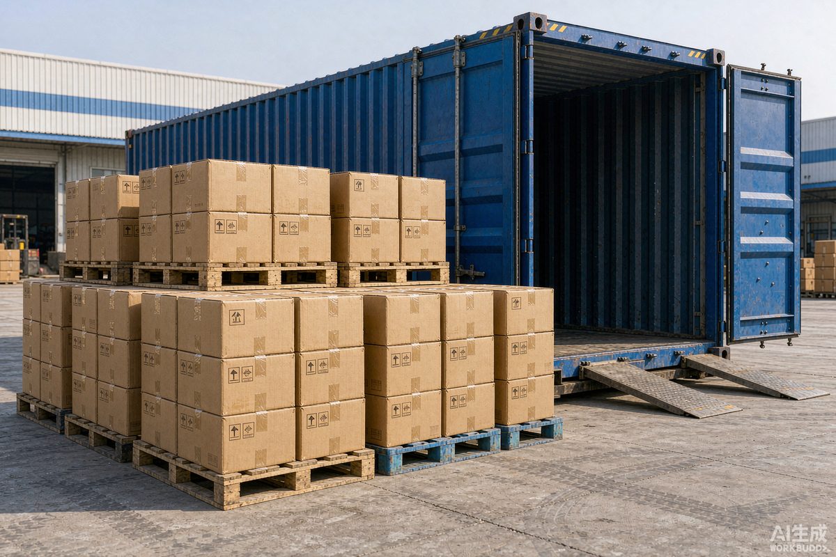 Cartons of steel nails beside shipping containers at the WANSUN export warehouse