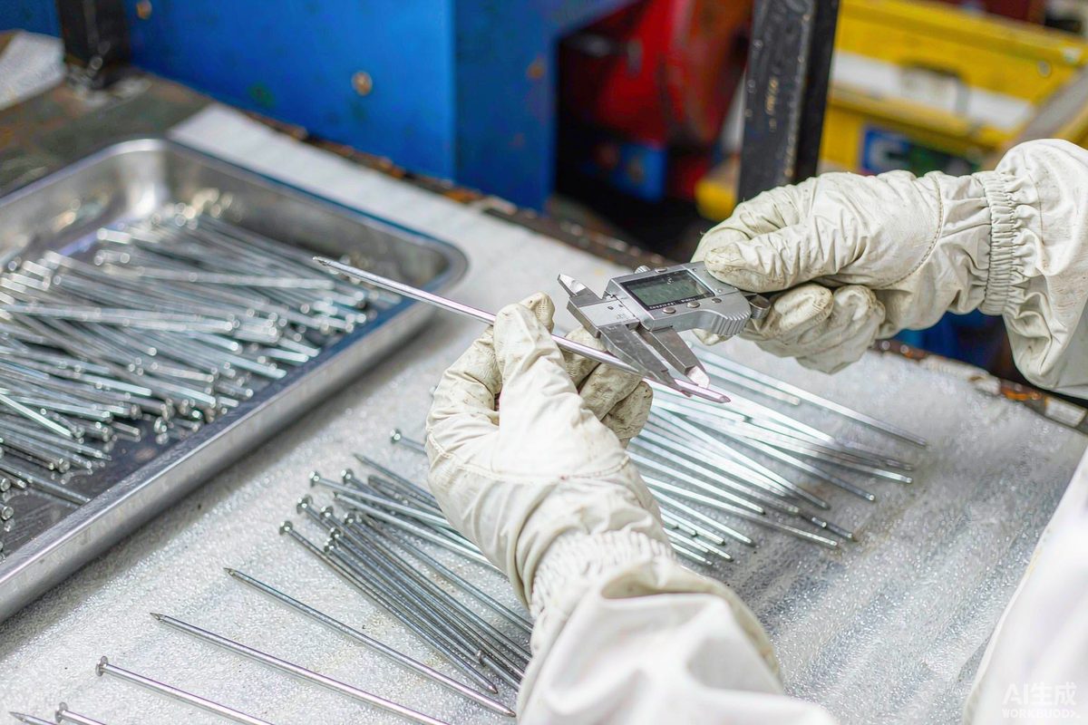 Inspector checking steel nail dimensions with calipers