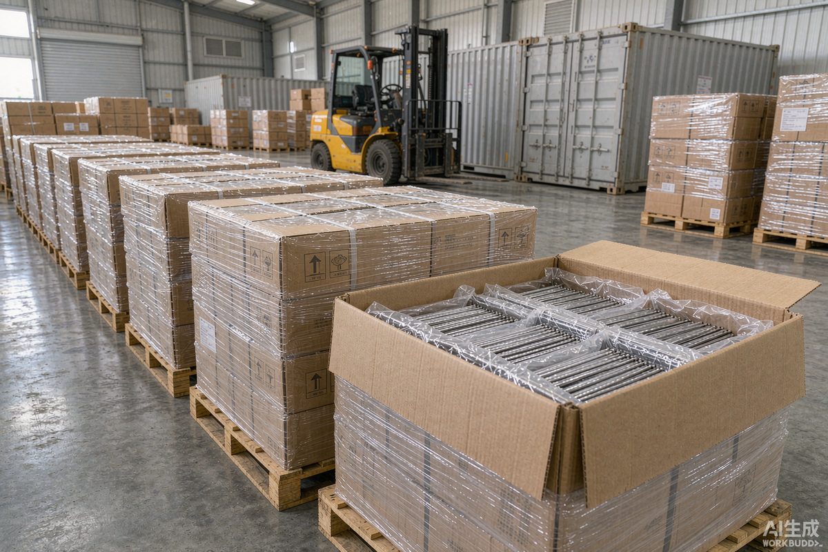 Palletized cartons of steel nails ready for container export