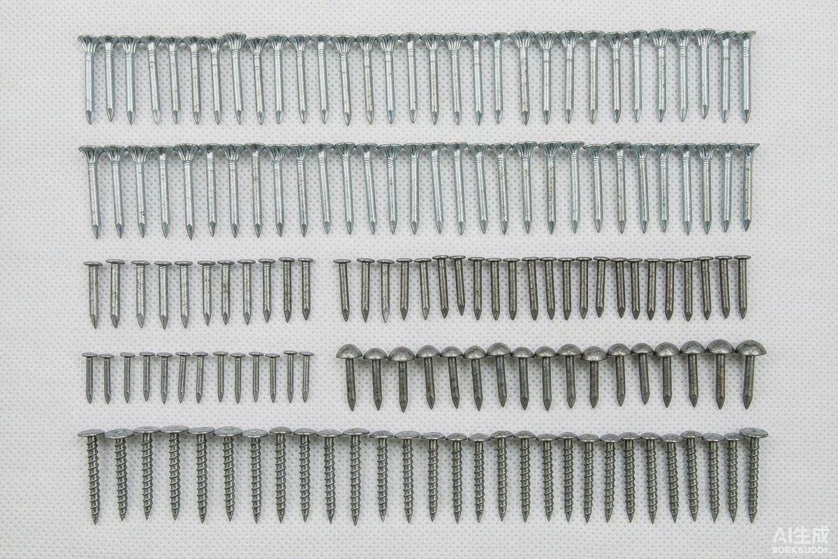 Flat lay of bright, galvanized and hardened steel nails by type