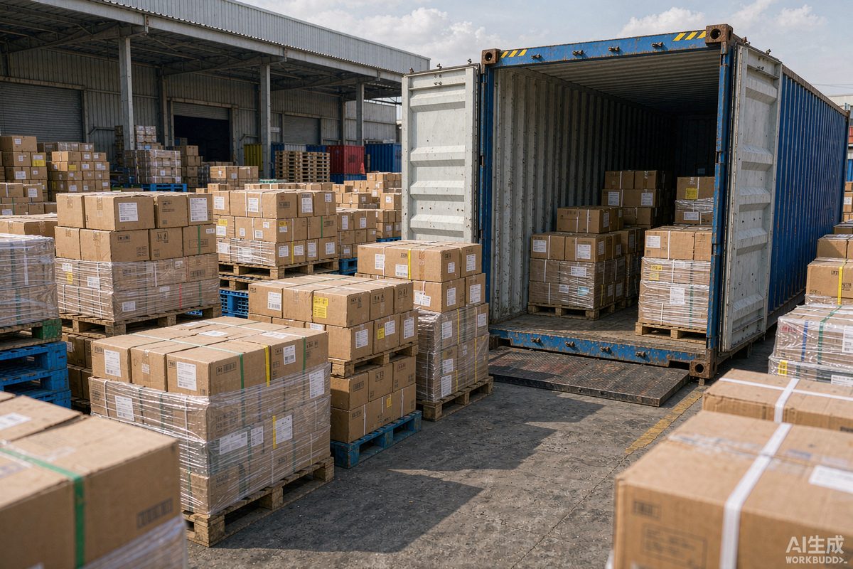 Cartons of nails beside shipping containers at the WANSUN export warehouse