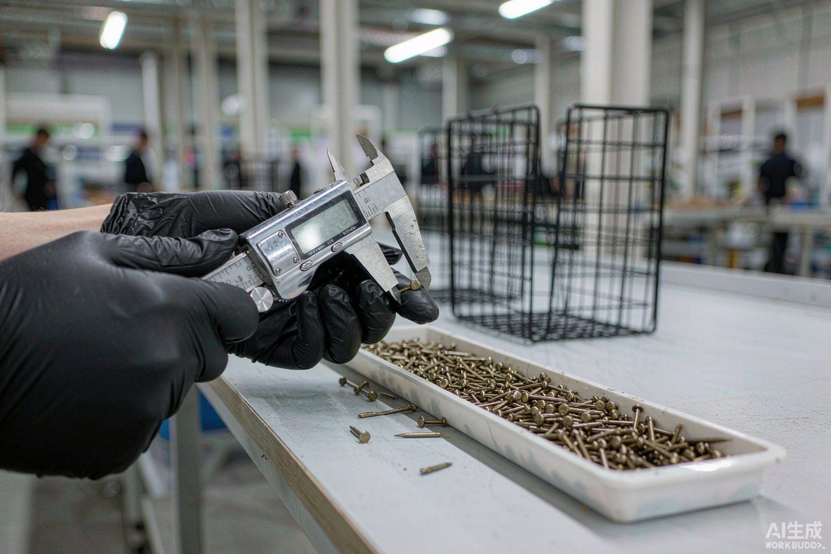 Inspector measuring nails with calipers during QC